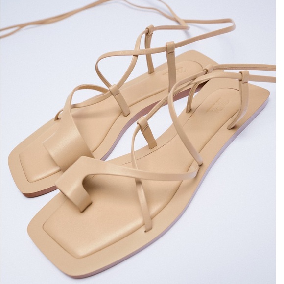 Zara Beige Leather ankle tie sandals